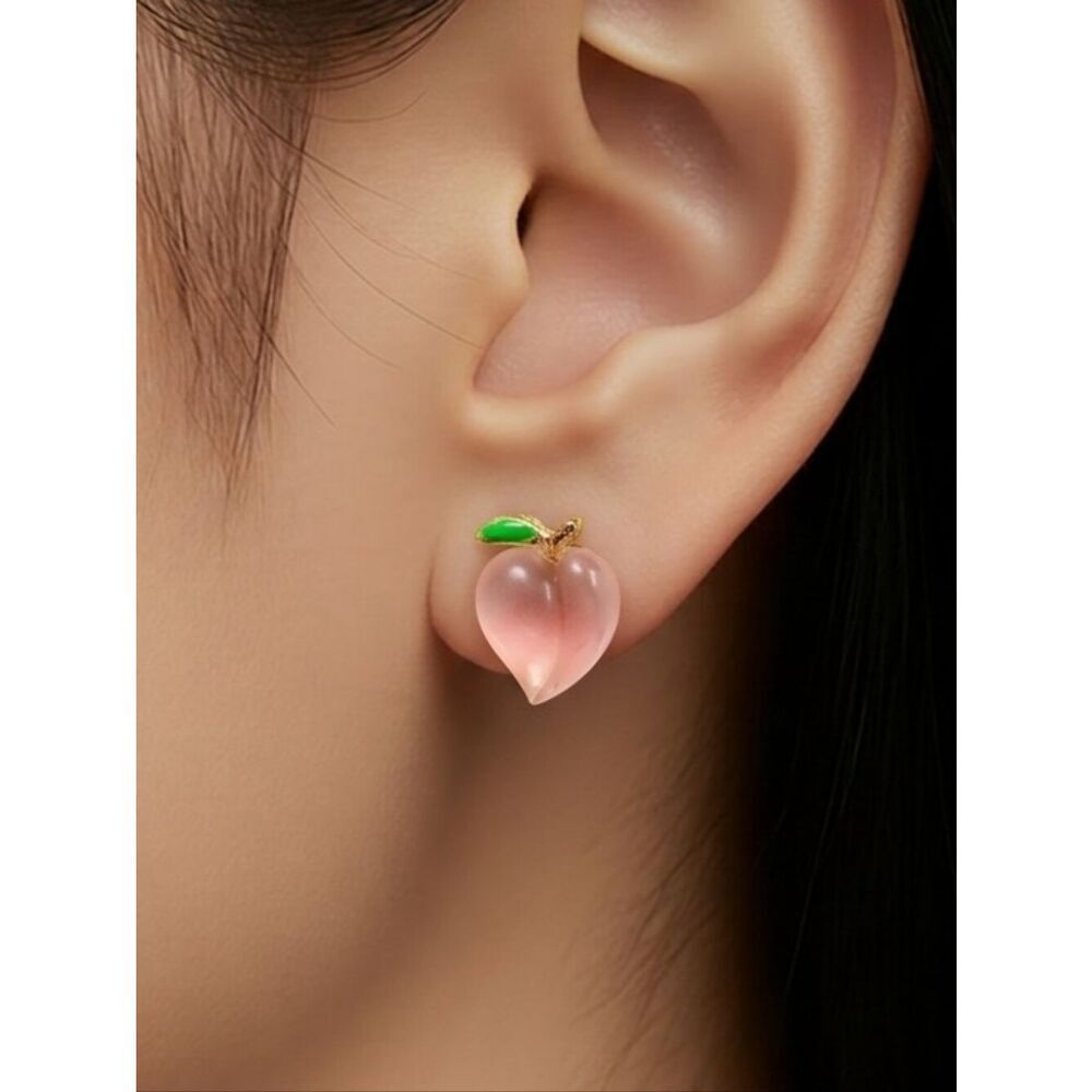 Tiny Peach Stud Earrings Fruitcore Dainty Shimmer Resin Coquette Cute Minimal